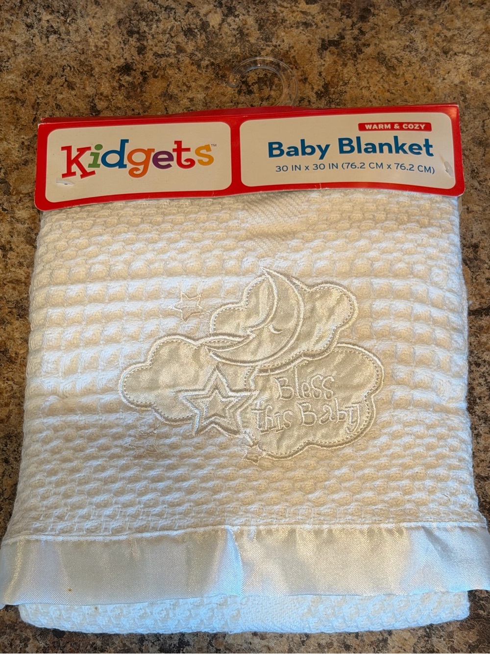 Kidgets White Baby Blanket Embroidered “Bless this Baby” religious 30x30